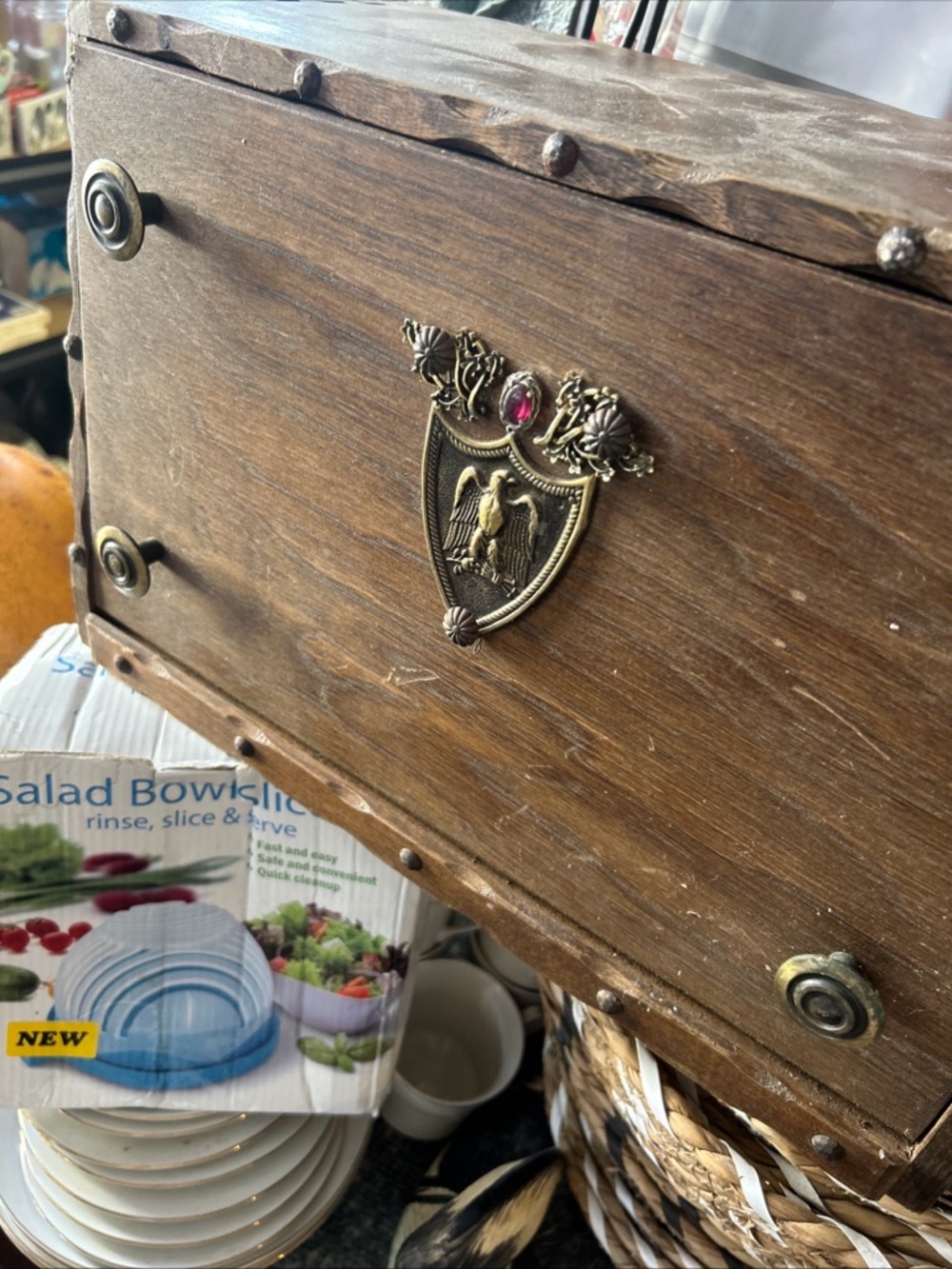 Vintage-Style Wooden Bread Box with Ornate Brass Emblem - Brown